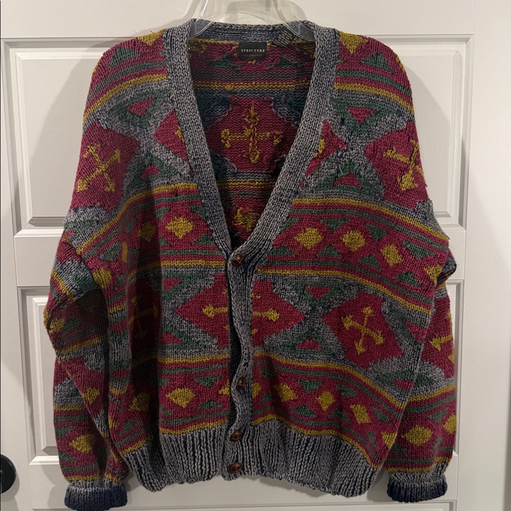 VINTAGE SWEATER Structure chunky Knit Men's Cardigan Medium
